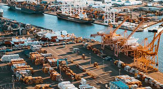 A sea port with docked cargo ships, cranes, and countless shipping containers